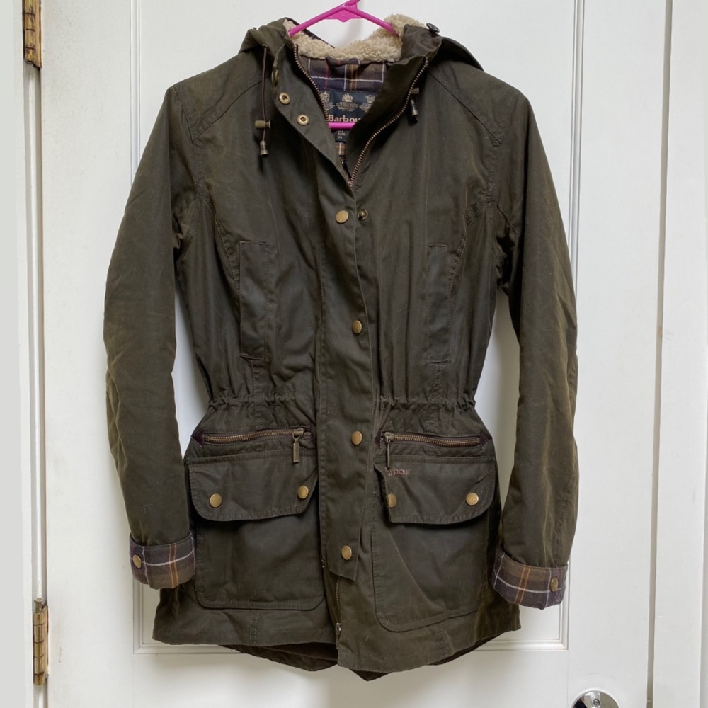 Barbour Olive Waxed Jacket with Sherpa Lined Hood